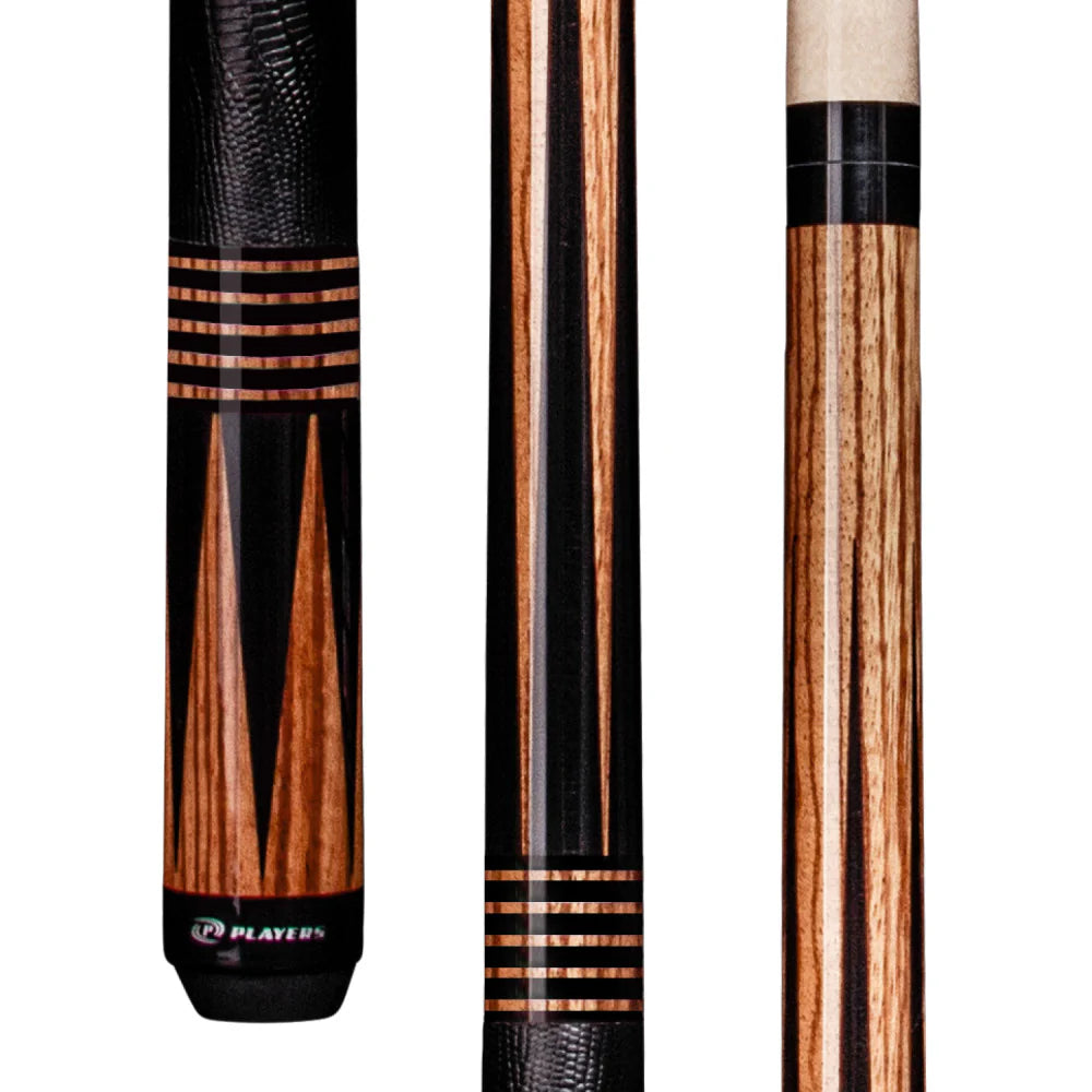 Players E2346 Pool Cue | Black & Zebrawood with Leather Wrap