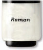 The word 'Roman' engraved on the bottom of a pool cue, just above the butt in a serif font